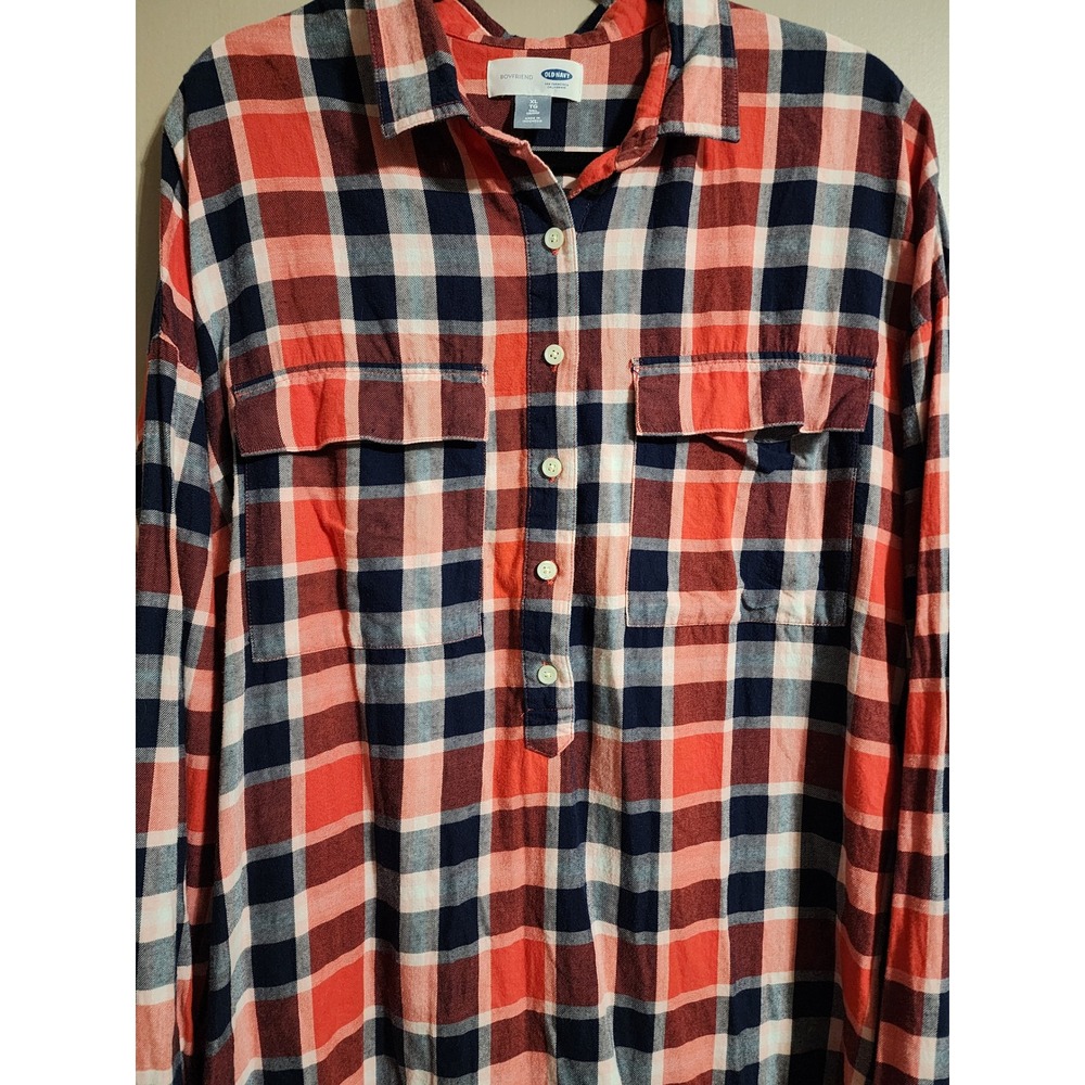 Old Navy Plaid Flannel Boyfriend‎ Shirt XL Tall Red Blue - Picture 2 of 9